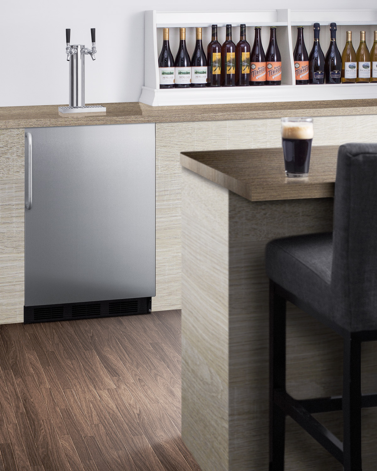 Built-in undercounter ADA height commercially listed dual tap beer dispenser in stainless steel